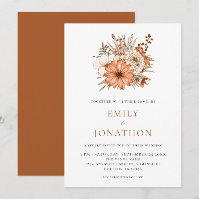 Invitación Elegante Boda de Florales del Otoño (Anverso / Reverso)