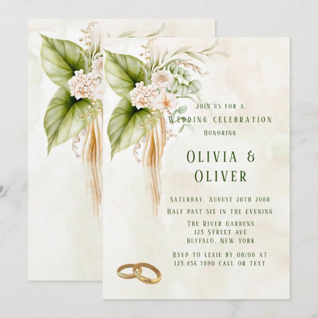 Invitación Elegante Boda de Florales Tropical Verde Oliva (Anverso / Reverso)