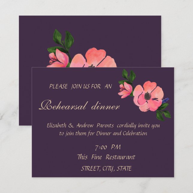 Invitación Elegante Boda de flores acuáticas Ensayo de cena (Anverso / Reverso)