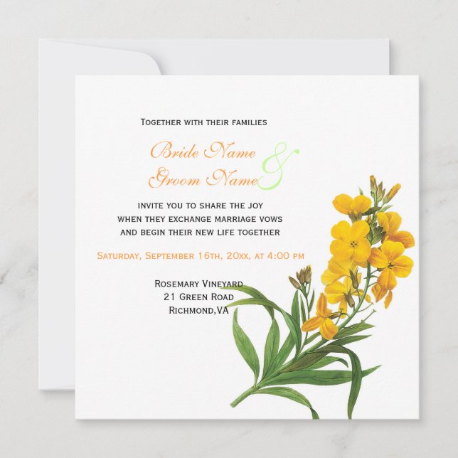 Invitación Elegante boda de flores amarillas Redoute (Anverso)