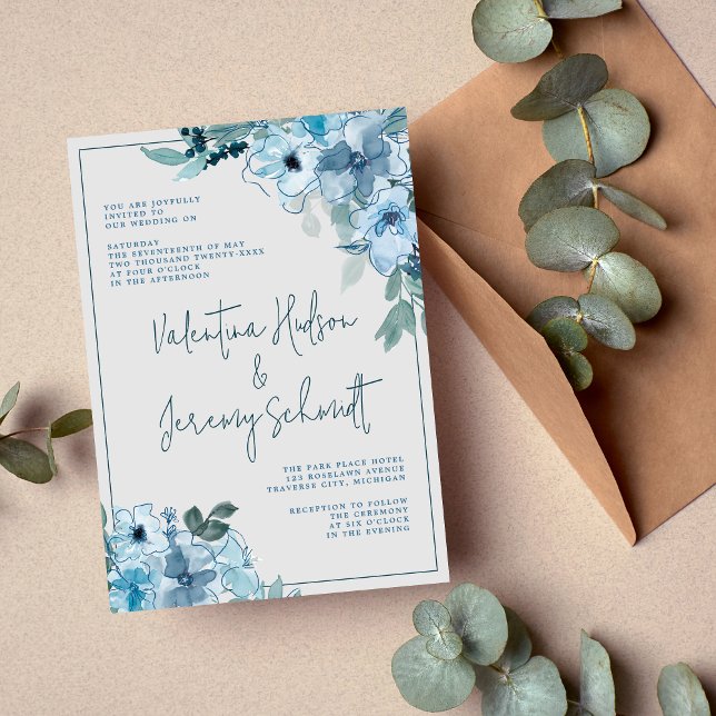 Invitación Elegante Boda de Flores Azul Dusty Floral (Subido por el creador)