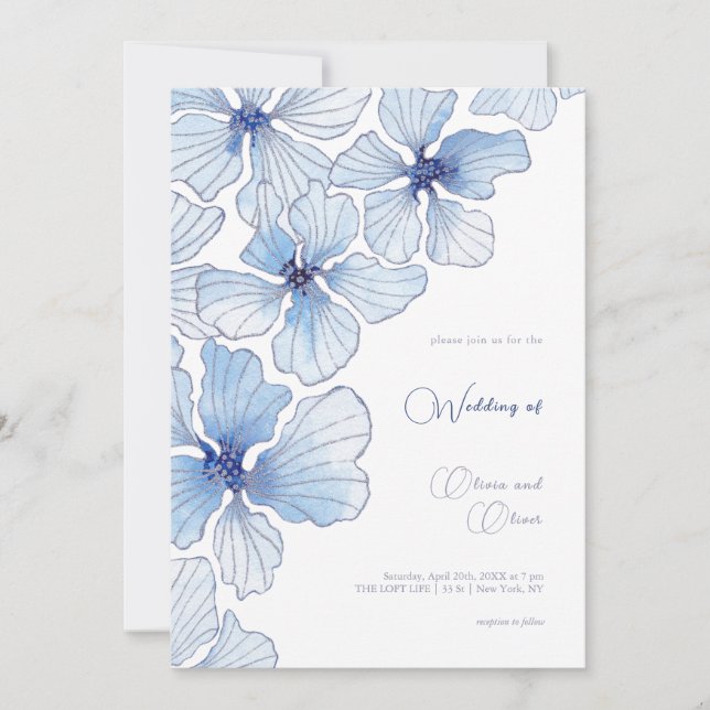 Invitación Elegante Boda de Flores Azules (Anverso)