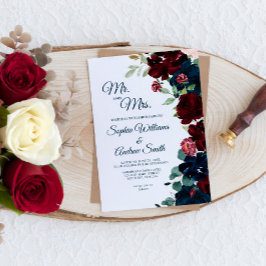 Invitación Elegante Boda de Flores Azules de Borgoña y Marina