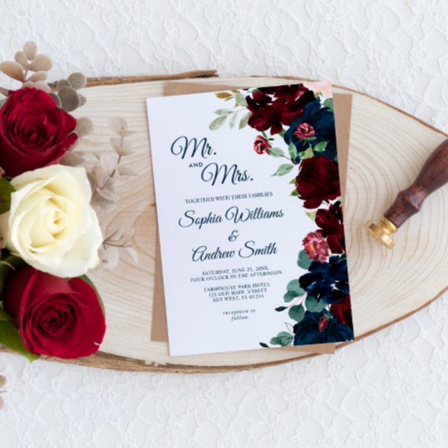 Invitación Elegante Boda de Flores Azules de Borgoña y Marina (Subido por el creador)