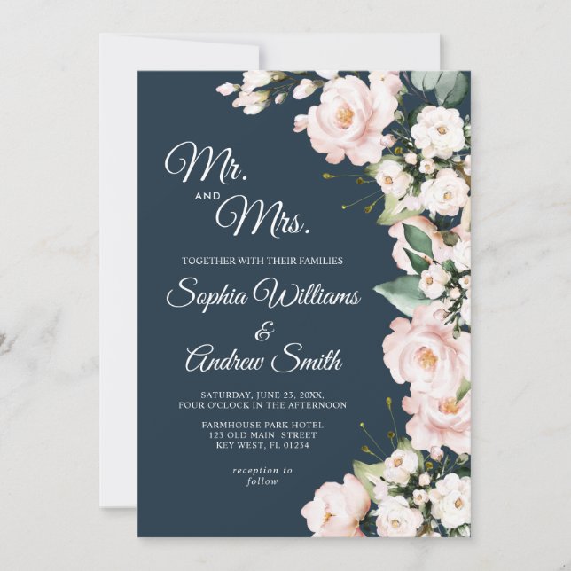 Invitación Elegante Boda de Flores Azules de la Marina y Rosa (Anverso)