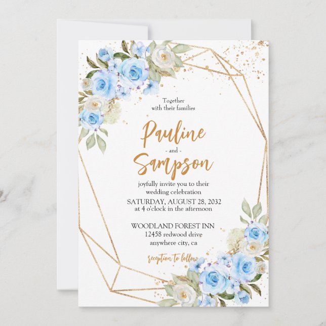 Invitación Elegante Boda de Flores Azules Exquisitas (Anverso)