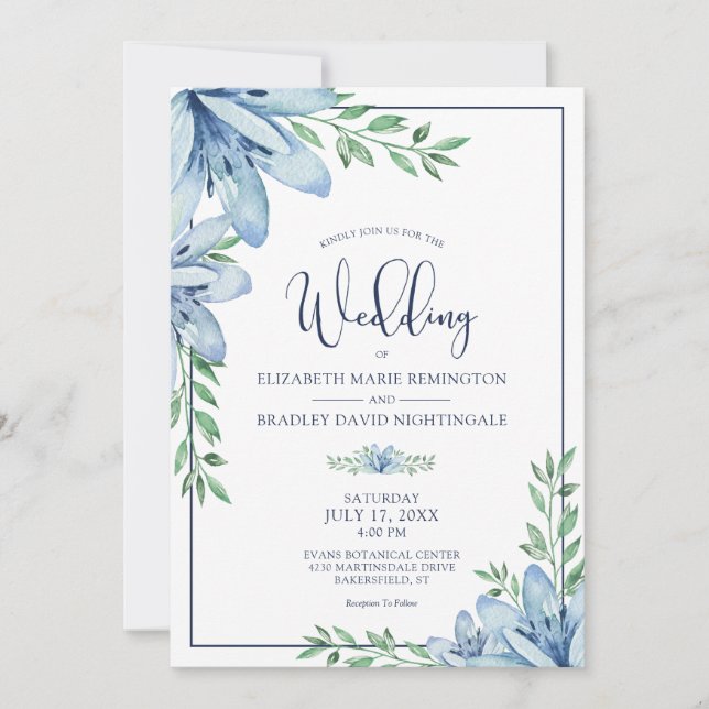 Invitación Elegante Boda de Flores Azules Florales (Anverso)