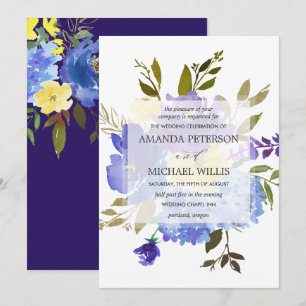 Invitación Elegante boda de flores azules y amarillas de prim