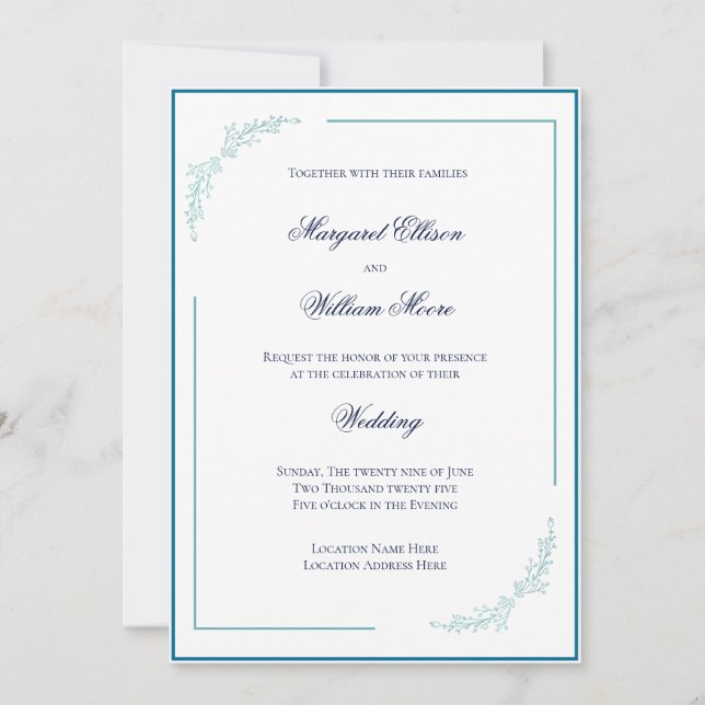 Invitación Elegante Boda de flores azules y Verde azuladas (Anverso)