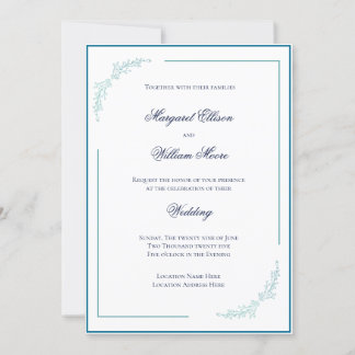 Invitación Elegante Boda de flores azules y Verde azuladas