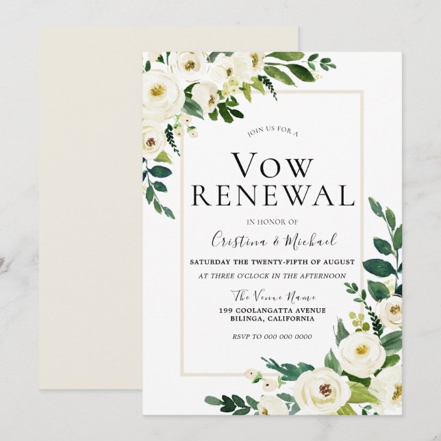 Invitación Elegante Boda de Flores Blancas Vow Renovación (Anverso / Reverso)