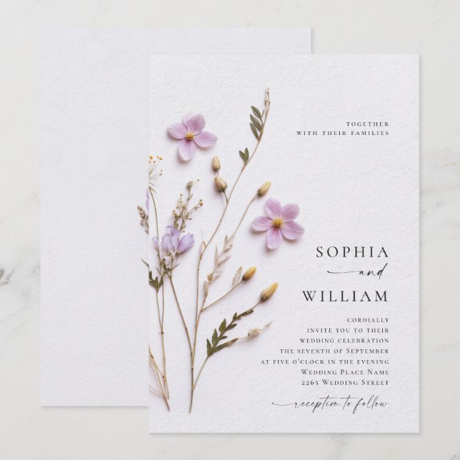 Invitación Elegante Boda de Flores de Boho Pastel Seco Presio (Anverso / Reverso)