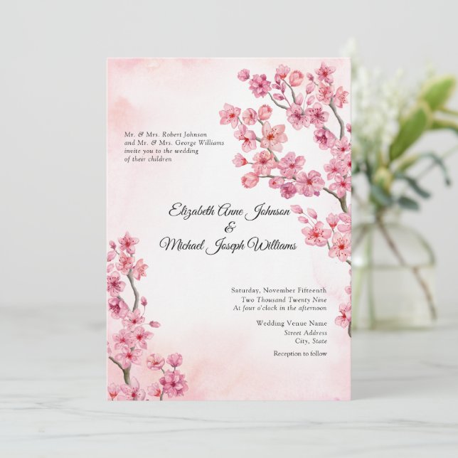 Invitación Elegante Boda de flores de cerezo rosa formal (Anverso de pie)