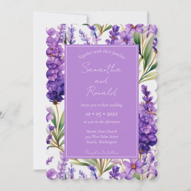 Invitación Elegante Boda de flores de lavanda acuática (Anverso)