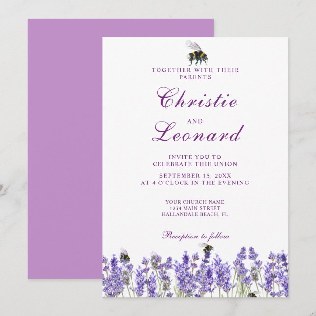 Invitación Elegante Boda de flores de lavanda morada (Anverso / Reverso)