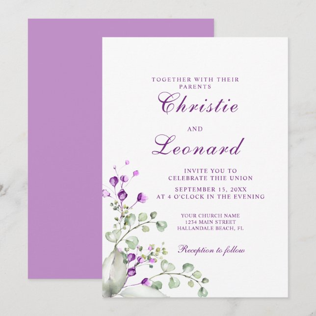 Invitación Elegante Boda de flores de lavanda morada (Anverso / Reverso)