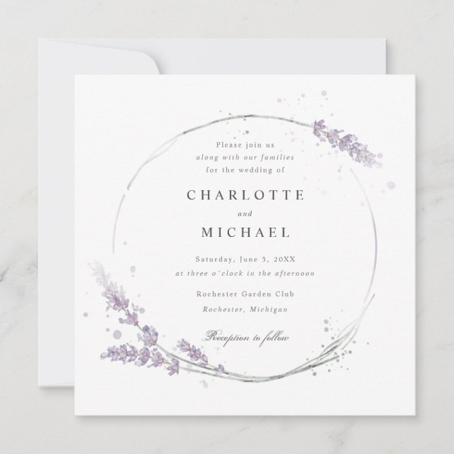 Invitación Elegante boda de flores de lavanda púrpura de acua (Anverso)