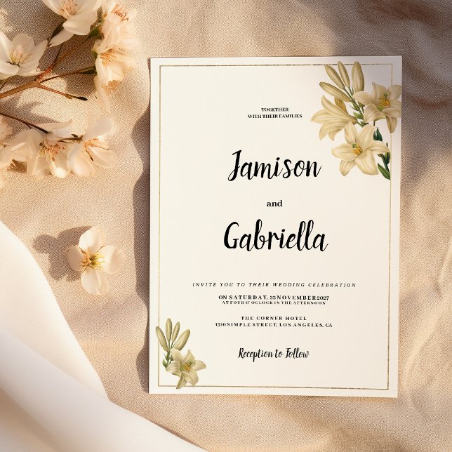 Invitación Elegante Boda de flores de lirio blanco dorado (Elegant gold green white lily flower Wedding )