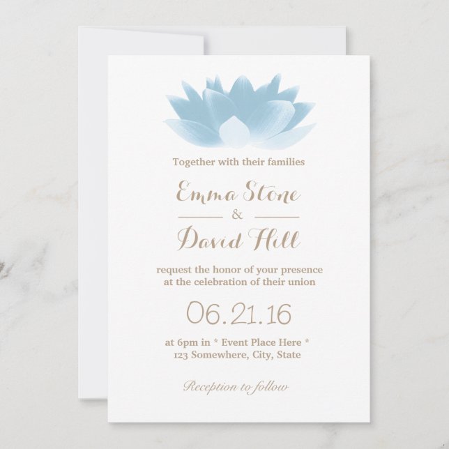 Invitación Elegante Boda de flores de Lotus azul claro (Anverso)