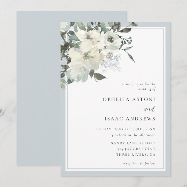 Invitación Elegante Boda de flores de marfil azul turquesa (Anverso / Reverso)