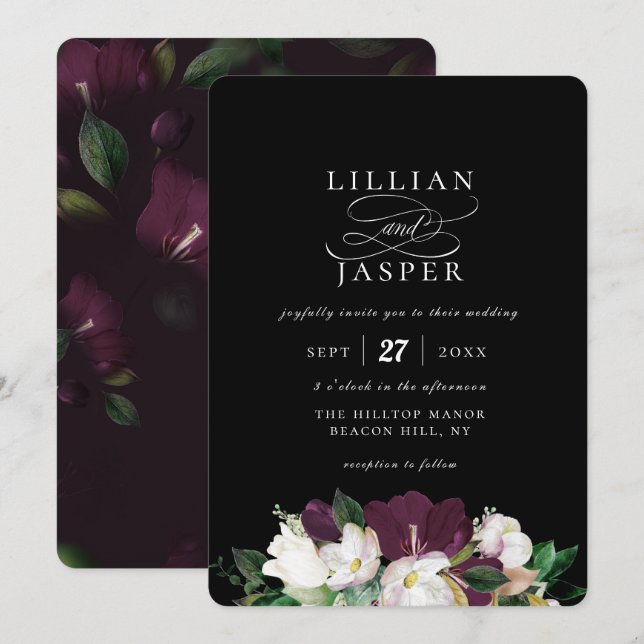 Invitación Elegante Boda de flores de marfil morado (Anverso / Reverso)