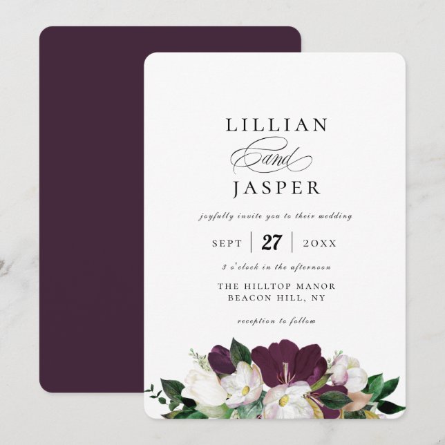 Invitación Elegante Boda de flores de marfil morado (Anverso / Reverso)