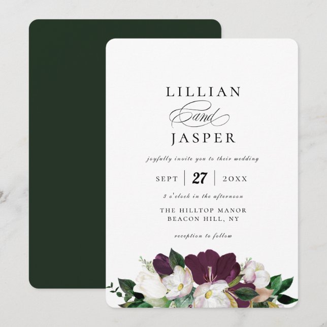 Invitación Elegante Boda de flores de marfil morado (Anverso / Reverso)