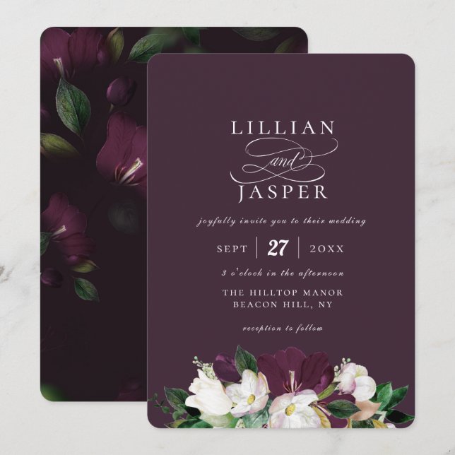 Invitación Elegante Boda de flores de marfil morado (Anverso / Reverso)