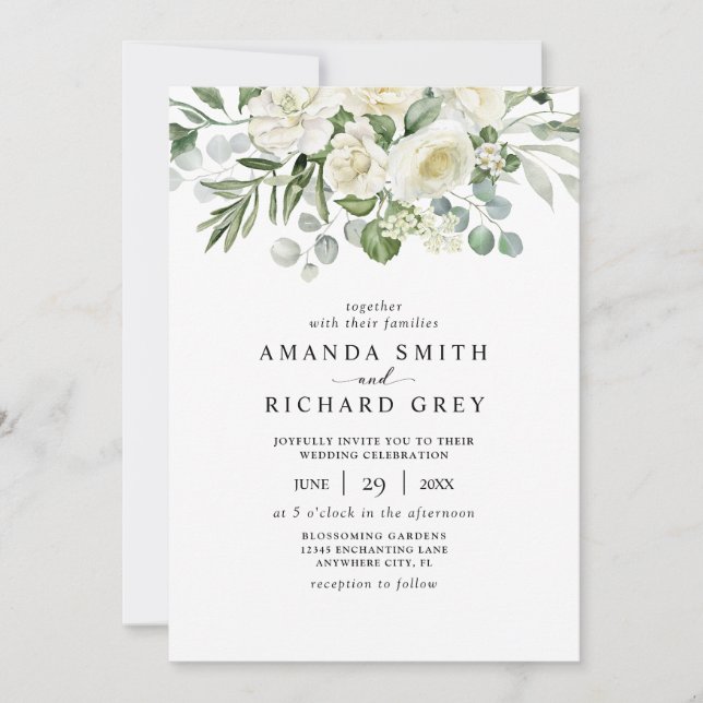 Invitación Elegante Boda de flores de marfil y vegetación Euc (Anverso)