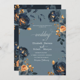 Invitación Elegante Boda de Flores de Oro Azul de la Marina