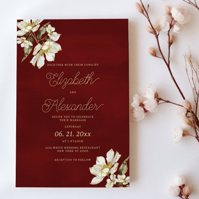 Invitación Elegante Boda de flores de oro burdeos clásicas (Elegant classic burgundy gold flowers Wedding )