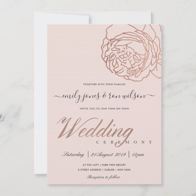 INVITACIÓN ELEGANTE BODA DE FLORES DE ORO DE RUBOR PINK ROSE (Anverso)