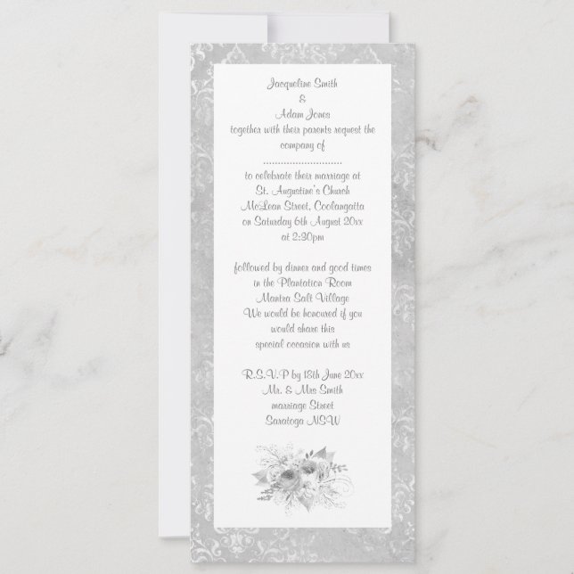 Invitación ELEGANTE BODA de flores de platería blanca y negra (Anverso)