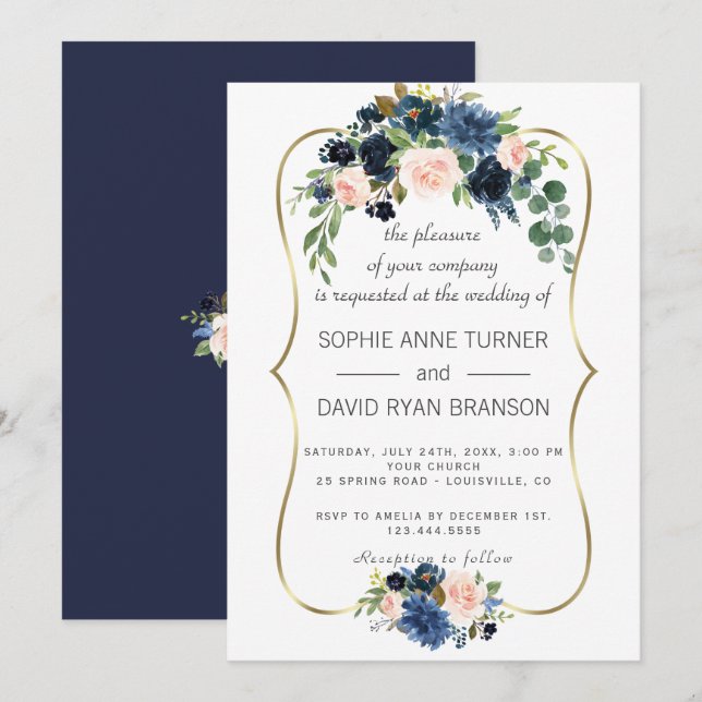 Invitación Elegante Boda de flores de Rubor azul de la Marina (Anverso / Reverso)