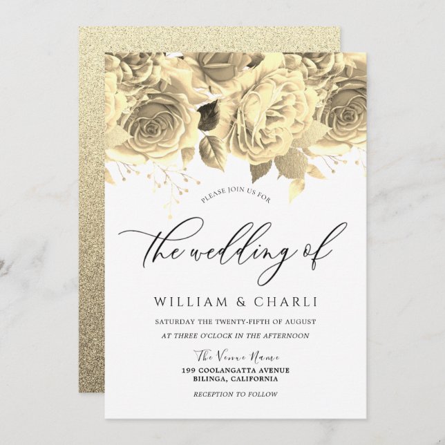 Invitación Elegante Boda de Flores Doradas de todas las estac (Anverso / Reverso)