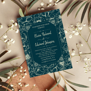 Invitación Elegante boda de flores doradas dibujado a mano