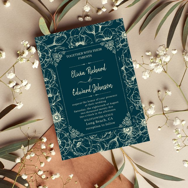 Invitación Elegante boda de flores doradas dibujado a mano (Subido por el creador)