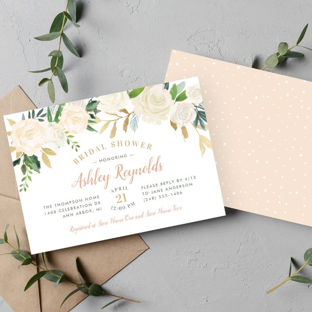 Invitación Elegante Boda de flores doradas Rubor Bridal Showe (Subido por el creador)