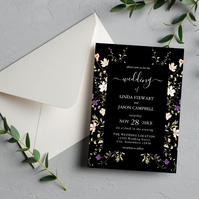 Invitación Elegante Boda de Flores Florales Negras (Subido por el creador)