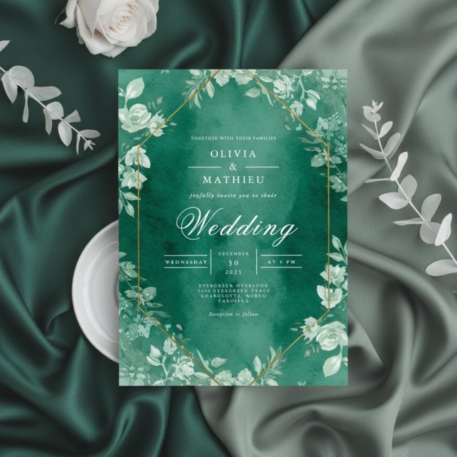 Invitación Elegante Boda de flores florales Verde azuladas (Subido por el creador)
