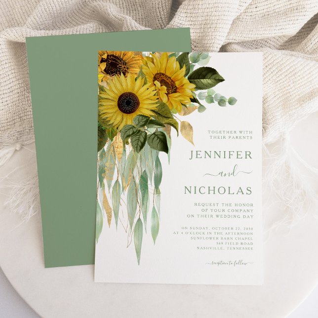 Invitación Elegante Boda de Flores Florales Verdes (Elegant Green Floral Sunflowers Wedding Invitation)