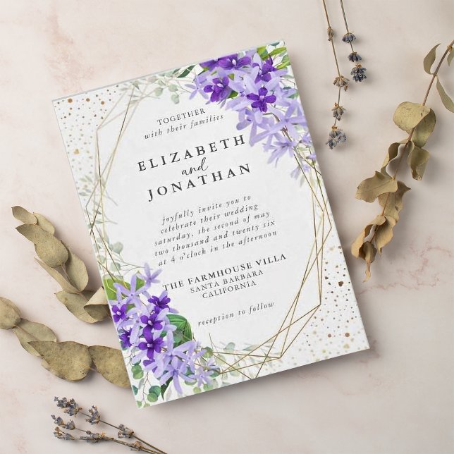Invitación Elegante Boda de Flores Geométricas de Oro Púrpura (Subido por el creador)