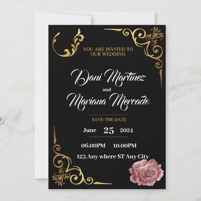 Invitación Elegante boda de flores geométricas en blanco y ne (Anverso)