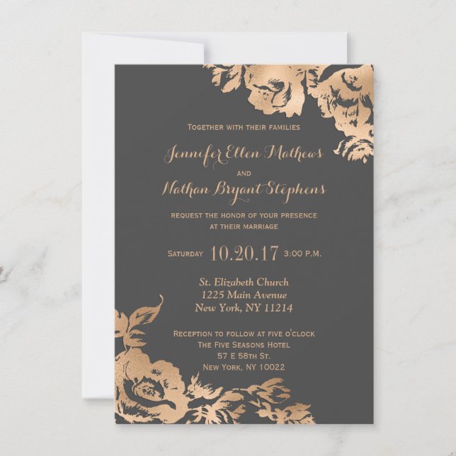 Invitación Elegante Boda de Flores Gris Gris Sencillo y Moder (Anverso)