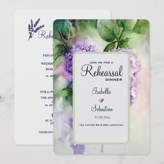 Invitación Elegante Boda de Flores Lilac Cena de Ensayos (Anverso / Reverso)