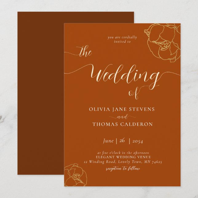 Invitación Elegante Boda de flores marrón rojizo clásico (Anverso / Reverso)