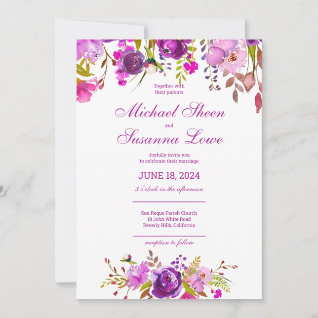Invitación Elegante Boda de flores moradas (Anverso)