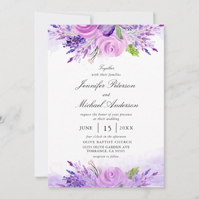 Invitación Elegante Boda de flores moradas de lavanda (Anverso)