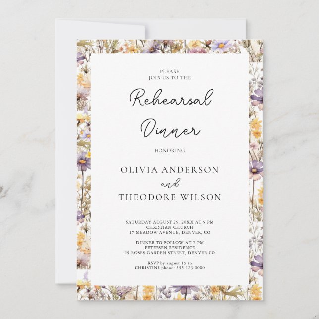 Invitación Elegante Boda de flores moradas para la cena (Anverso)