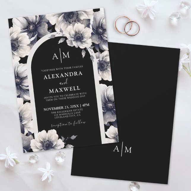 Invitación Elegante Boda de flores negras anemónicas (Elegant Anemone White Black Floral Wedding Invitation)